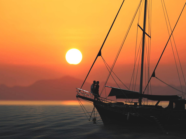 Sonnenuntergang auf der Yacht, Indonesien Hochzeitsreise, flitterwochen