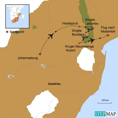 Reiseverlauf, Südafrika und Mosambik Hochzeitsreise, Stepmap