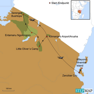 Reiseverlauf, Flittern mit Simba, Tansania Hochzeitsreise, Stepmap